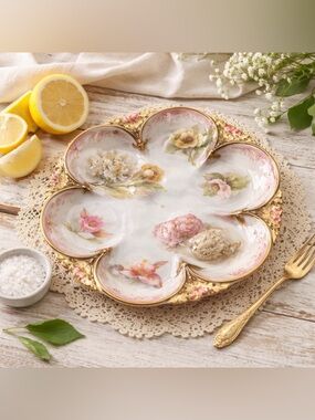 Antique Victorian Oyster Plate 6 Well Porcelain Gold Gilt Satin Finish 11.5”.G13